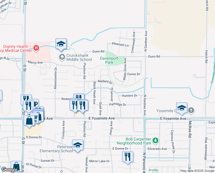 map of restaurants, bars, coffee shops, grocery stores, and more near 3854 Canvasback Court in Merced