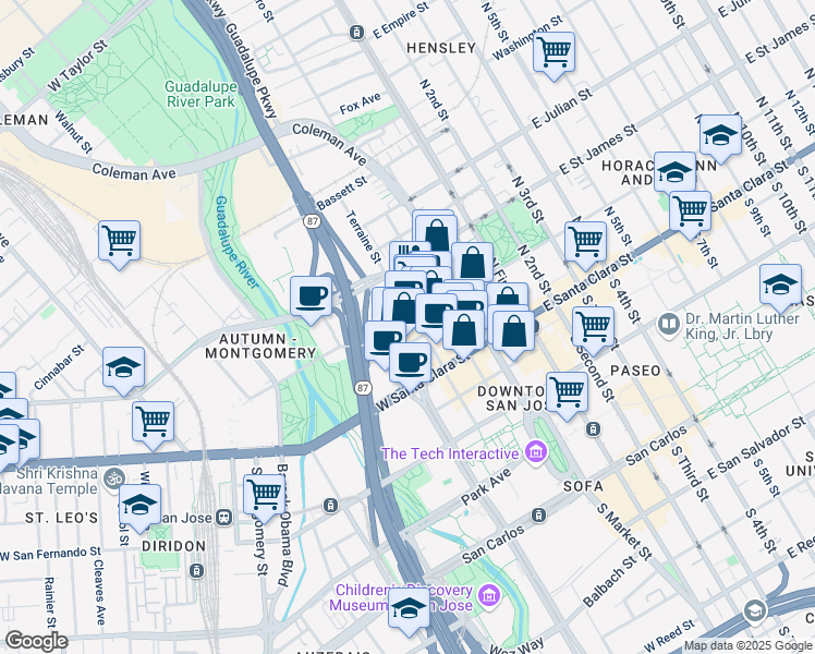 map of restaurants, bars, coffee shops, grocery stores, and more near 115 Terraine Street in San Jose