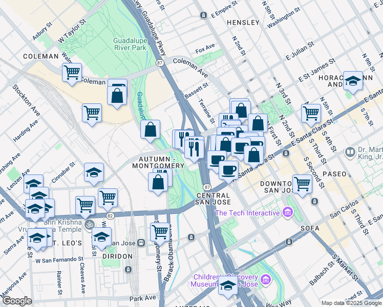 map of restaurants, bars, coffee shops, grocery stores, and more near 323 West Saint John Street in San Jose