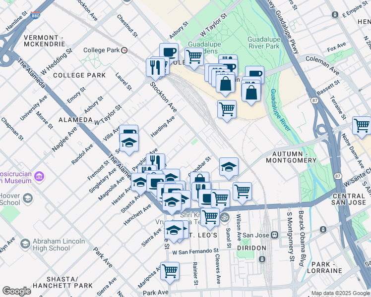 map of restaurants, bars, coffee shops, grocery stores, and more near 875 Cinnabar Street in San Jose