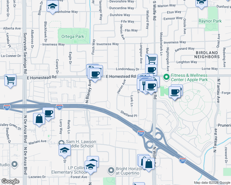map of restaurants, bars, coffee shops, grocery stores, and more near 795 Prestwick Court in Sunnyvale