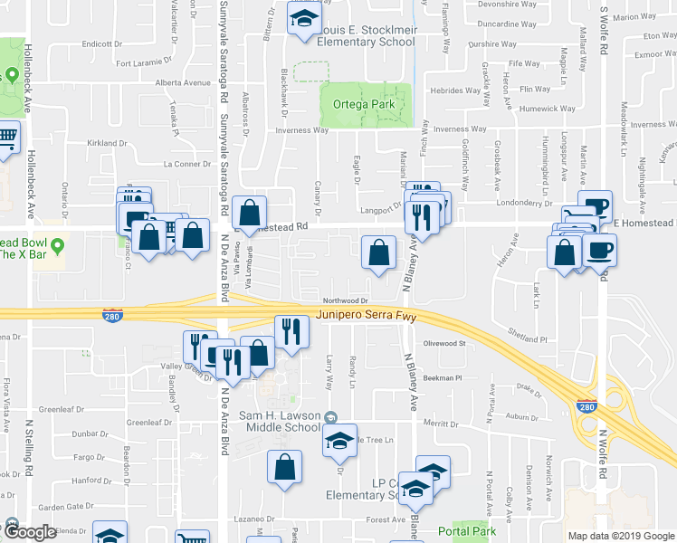 map of restaurants, bars, coffee shops, grocery stores, and more near 10941 Northsky Square in Cupertino