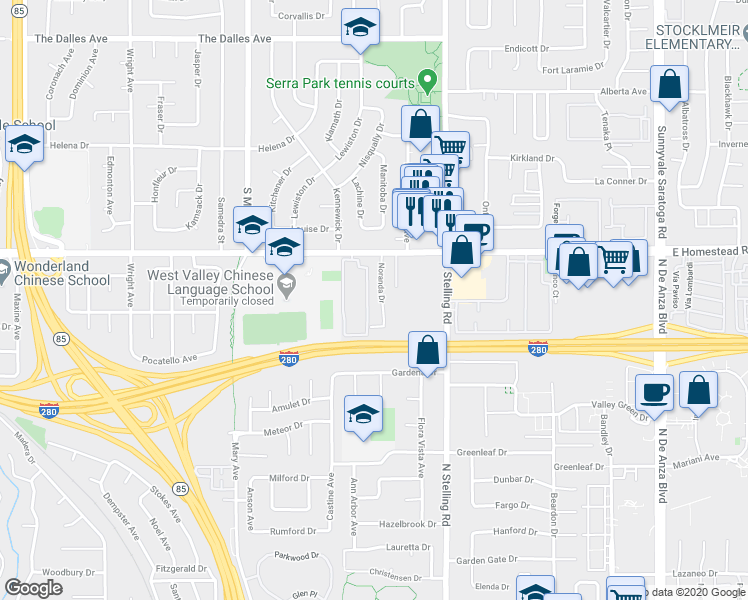 map of restaurants, bars, coffee shops, grocery stores, and more near 1721 Noranda Drive in Sunnyvale