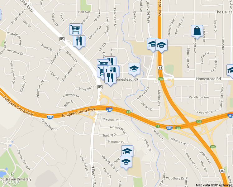 map of restaurants, bars, coffee shops, grocery stores, and more near 2220 Homestead Court in Los Altos