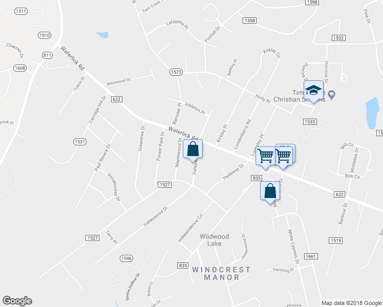 map of restaurants, bars, coffee shops, grocery stores, and more near 4788 Waterlick Road in Forest