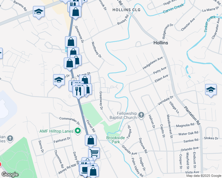 map of restaurants, bars, coffee shops, grocery stores, and more near 6525 Greenway Drive in Roanoke