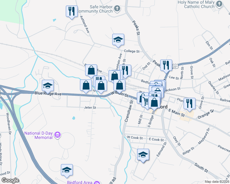 map of restaurants, bars, coffee shops, grocery stores, and more near U.S. 221 North Highway in Bedford