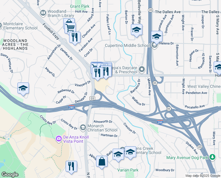 map of restaurants, bars, coffee shops, grocery stores, and more near 2270 Homestead Court in Los Altos