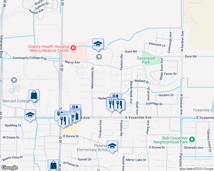 map of restaurants, bars, coffee shops, grocery stores, and more near 723 Nighthawk Court in Merced