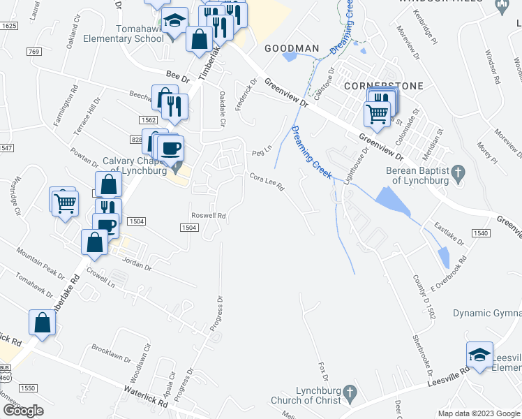 map of restaurants, bars, coffee shops, grocery stores, and more near 379 Cora Lee Road in Lynchburg