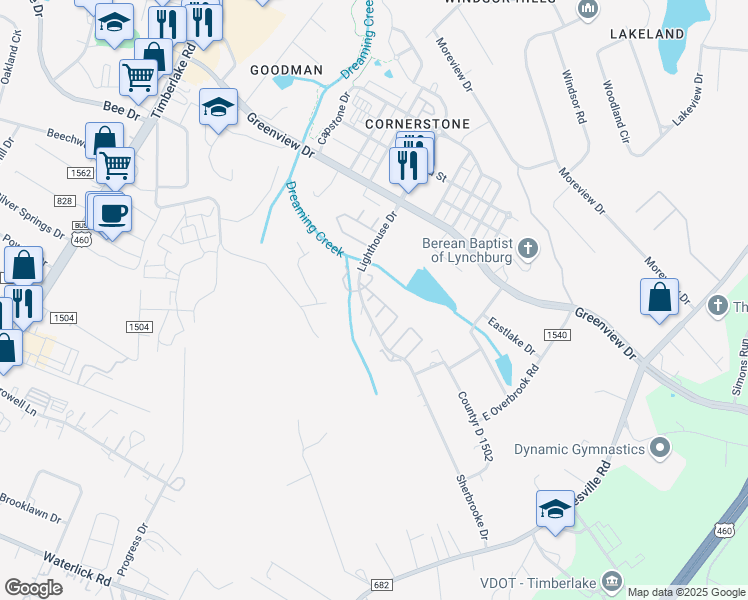 map of restaurants, bars, coffee shops, grocery stores, and more near 16 Cape Fear Court in Lynchburg