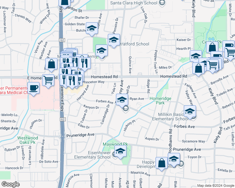 map of restaurants, bars, coffee shops, grocery stores, and more near 736 Pomeroy Avenue in Santa Clara