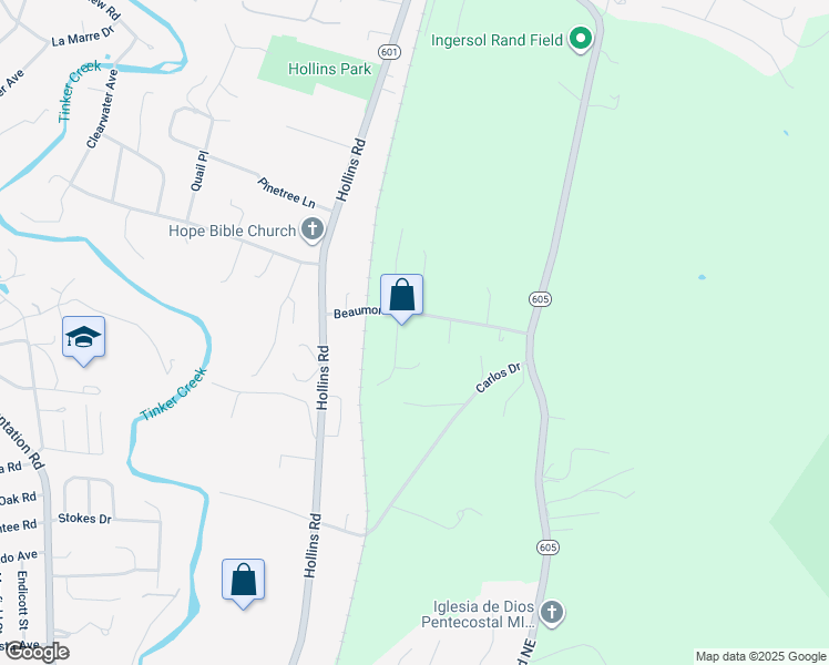 map of restaurants, bars, coffee shops, grocery stores, and more near 1309 Beaumont Road in Roanoke