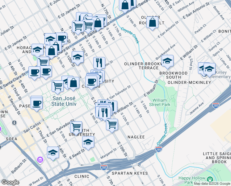 map of restaurants, bars, coffee shops, grocery stores, and more near 395 South 13th Street in San Jose
