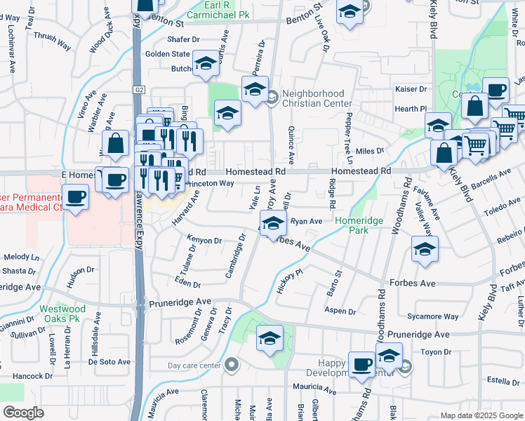 map of restaurants, bars, coffee shops, grocery stores, and more near 736 Pomeroy Avenue in Santa Clara