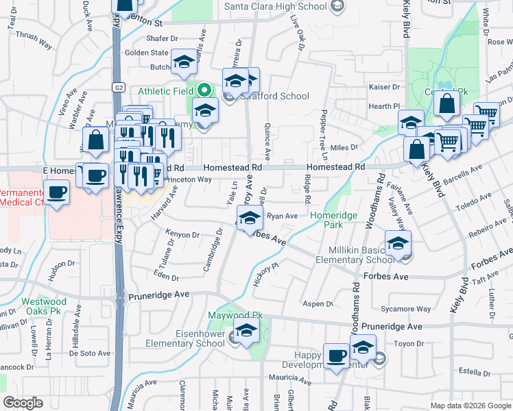 map of restaurants, bars, coffee shops, grocery stores, and more near 744 Cornell Drive in Santa Clara