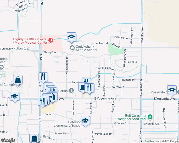 map of restaurants, bars, coffee shops, grocery stores, and more near 795 Wren Court in Merced