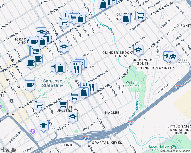 map of restaurants, bars, coffee shops, grocery stores, and more near 395 South 13th Street in San Jose