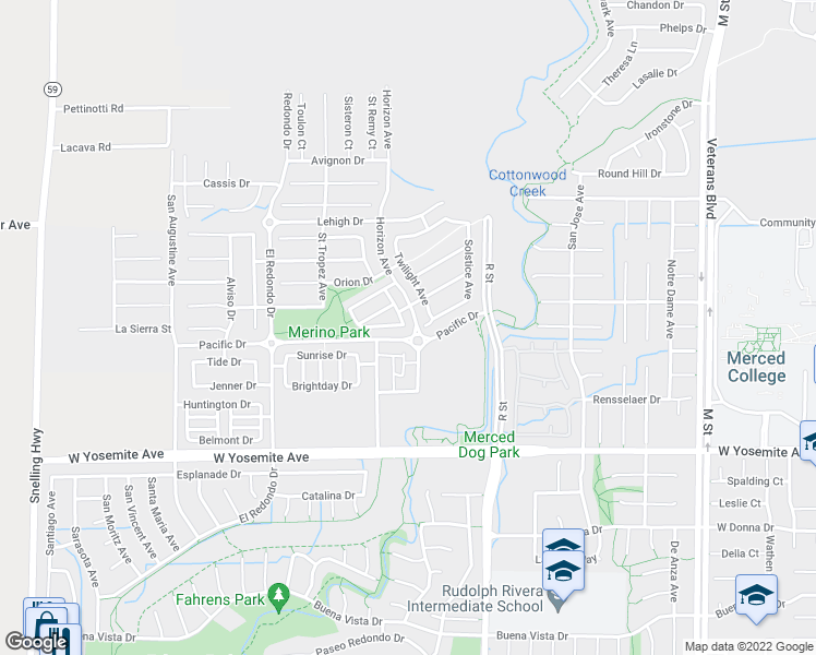 map of restaurants, bars, coffee shops, grocery stores, and more near 3810 Early Light Avenue in Merced