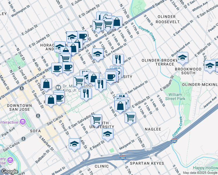 map of restaurants, bars, coffee shops, grocery stores, and more near S 10th St & E San Carlos St in San Jose