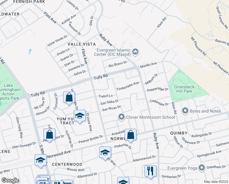 map of restaurants, bars, coffee shops, grocery stores, and more near 3411 Timberlake Avenue in San Jose