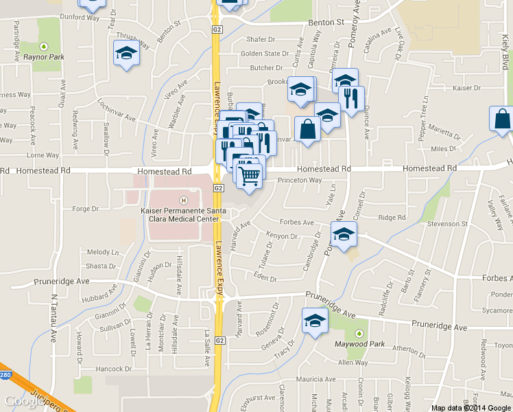 map of restaurants, bars, coffee shops, grocery stores, and more near 3520 Homestead Road in Santa Clara