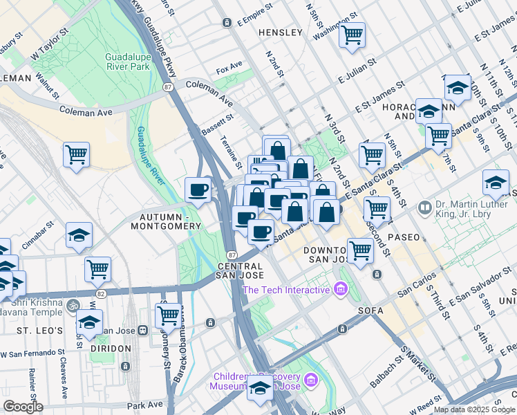 map of restaurants, bars, coffee shops, grocery stores, and more near 115 Terraine Street in San Jose