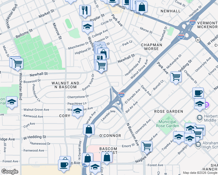 map of restaurants, bars, coffee shops, grocery stores, and more near 2004 Cherrystone Drive in San Jose
