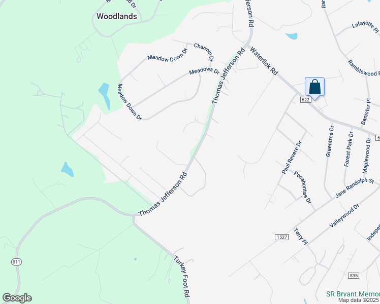 map of restaurants, bars, coffee shops, grocery stores, and more near 3221 Thomas Jefferson Road in Forest