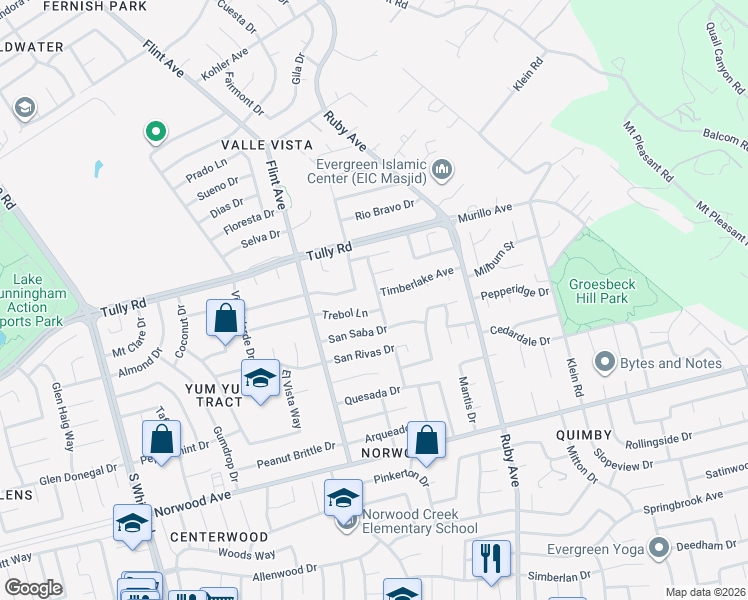 map of restaurants, bars, coffee shops, grocery stores, and more near 3411 Timberlake Avenue in San Jose