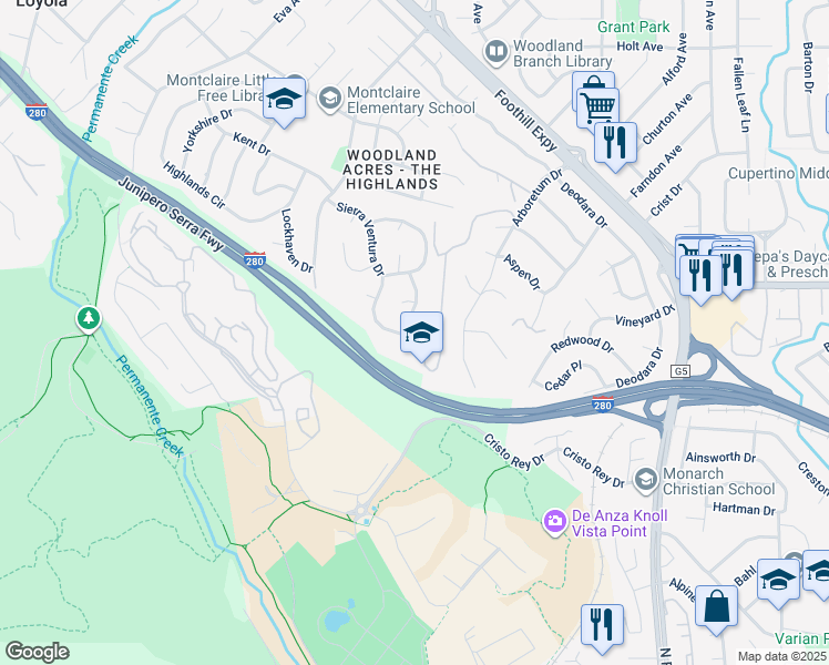 map of restaurants, bars, coffee shops, grocery stores, and more near 2261 Vía Maderos in Los Altos