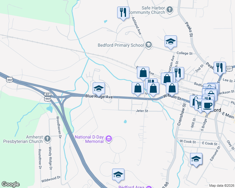 map of restaurants, bars, coffee shops, grocery stores, and more near 702 Blue Ridge Ave in Bedford
