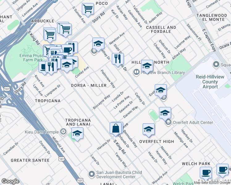 map of restaurants, bars, coffee shops, grocery stores, and more near 1869 Biscayne Way in San Jose
