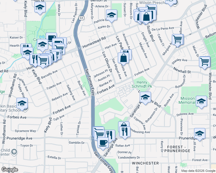 map of restaurants, bars, coffee shops, grocery stores, and more near 2426 Ramke Place in Santa Clara