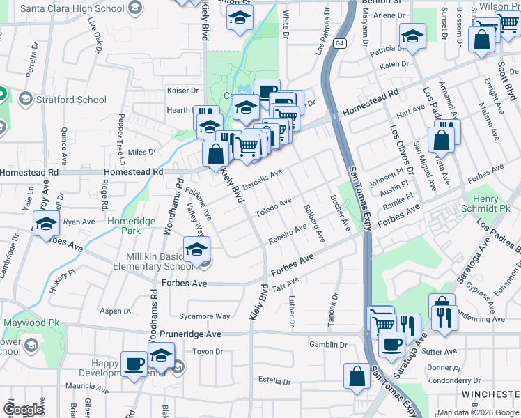 map of restaurants, bars, coffee shops, grocery stores, and more near 719 Pritchard Court in Santa Clara