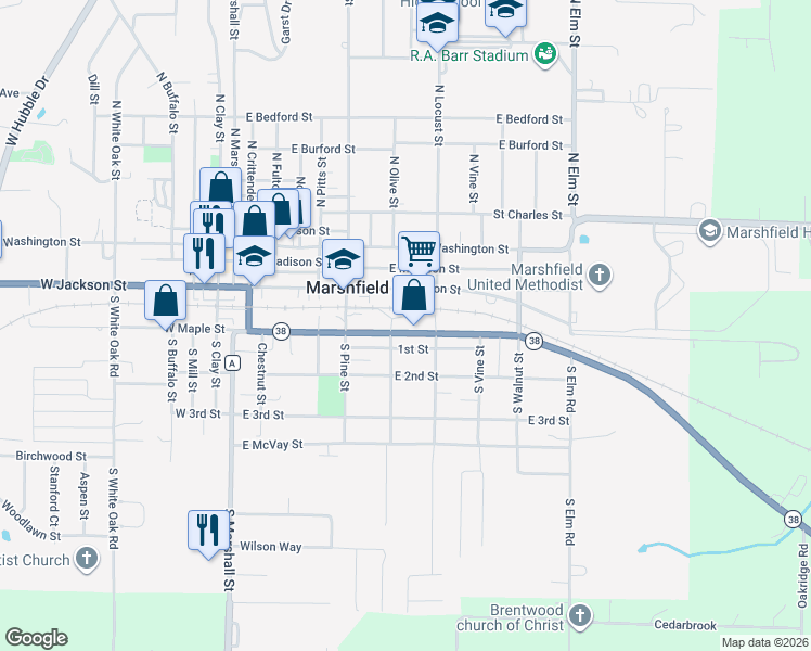 map of restaurants, bars, coffee shops, grocery stores, and more near 529 Commercial St in Marshfield