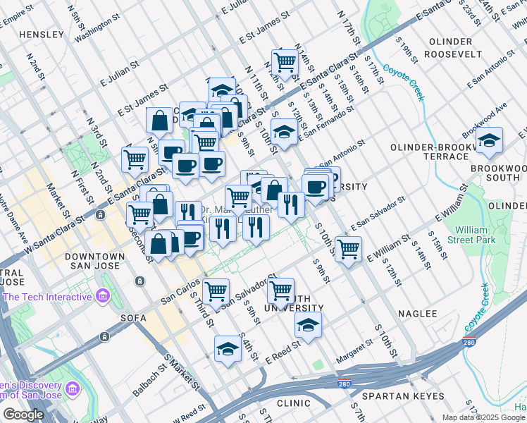 map of restaurants, bars, coffee shops, grocery stores, and more near 1 Washington Square in San Jose