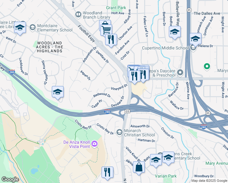 map of restaurants, bars, coffee shops, grocery stores, and more near 1585 Vineyard Drive in Los Altos