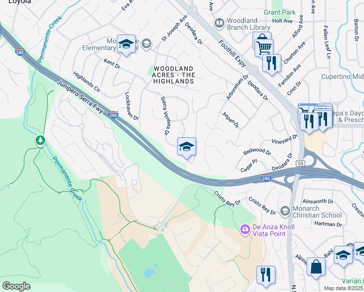 map of restaurants, bars, coffee shops, grocery stores, and more near 2261 Vía Maderos in Los Altos