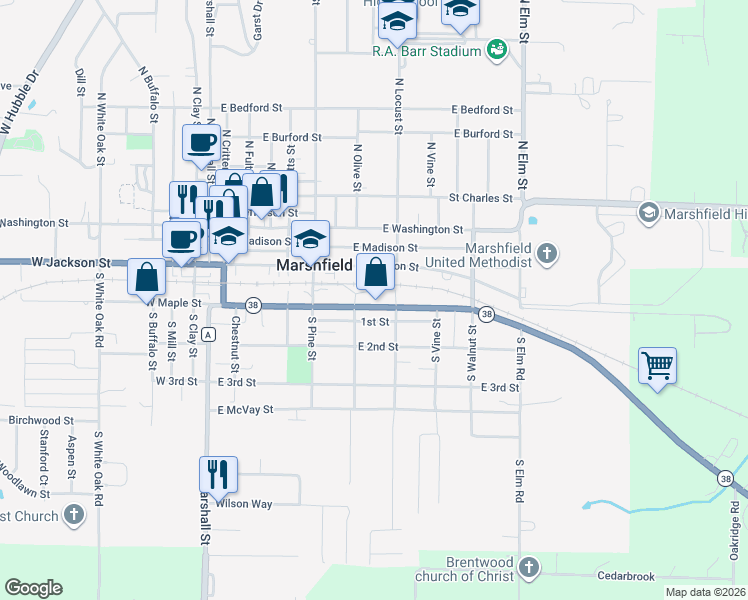 map of restaurants, bars, coffee shops, grocery stores, and more near 529 Commercial Street in Marshfield