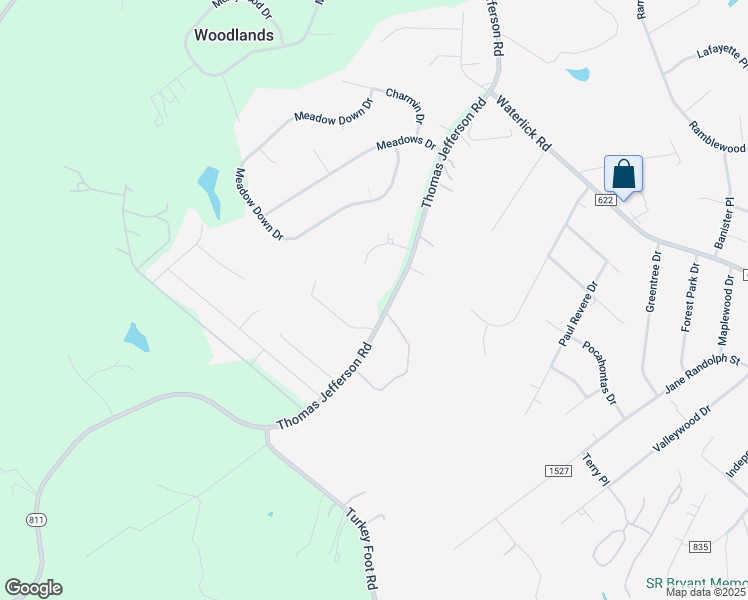 map of restaurants, bars, coffee shops, grocery stores, and more near 3221 Thomas Jefferson Road in Forest