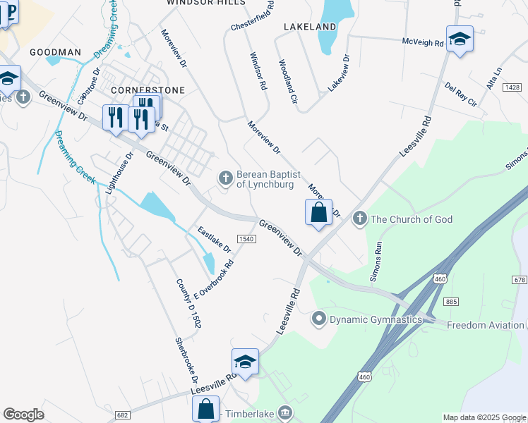 map of restaurants, bars, coffee shops, grocery stores, and more near 1502 Greenview Drive in Lynchburg