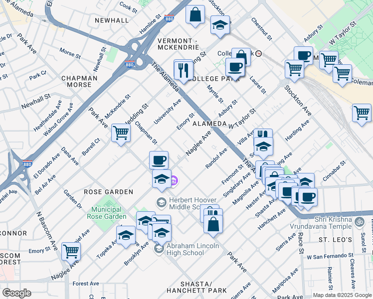 map of restaurants, bars, coffee shops, grocery stores, and more near 1229 Naglee Avenue in San Jose