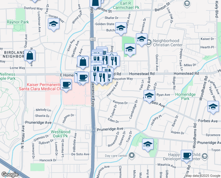 map of restaurants, bars, coffee shops, grocery stores, and more near 3520 Homestead Road in Santa Clara