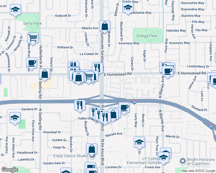 map of restaurants, bars, coffee shops, grocery stores, and more near 20436 Vía Napoli in Cupertino