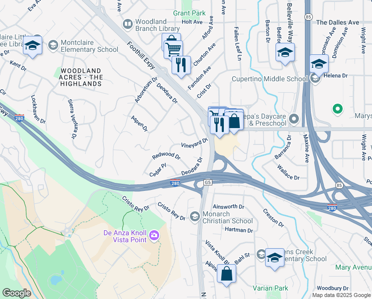 map of restaurants, bars, coffee shops, grocery stores, and more near 1585 Vineyard Drive in Los Altos
