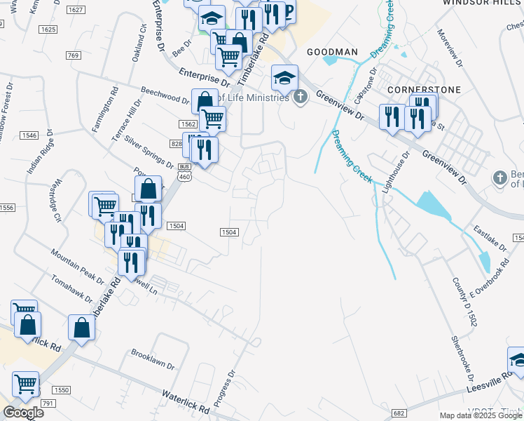 map of restaurants, bars, coffee shops, grocery stores, and more near 120 Clubhouse Drive in Lynchburg