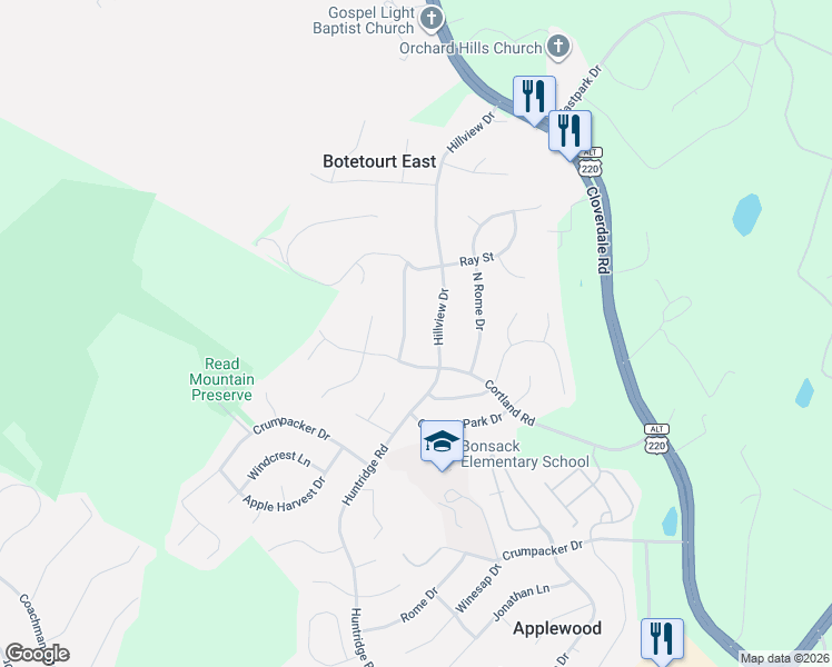 map of restaurants, bars, coffee shops, grocery stores, and more near 536 Hillview Dr in Roanoke