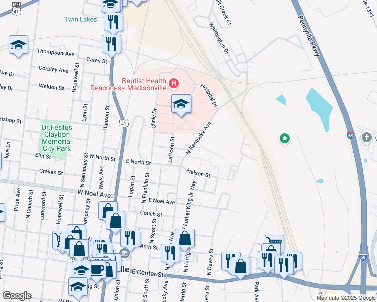 map of restaurants, bars, coffee shops, grocery stores, and more near 569 North Kentucky Avenue in Madisonville