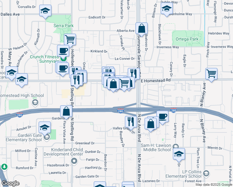 map of restaurants, bars, coffee shops, grocery stores, and more near in Cupertino